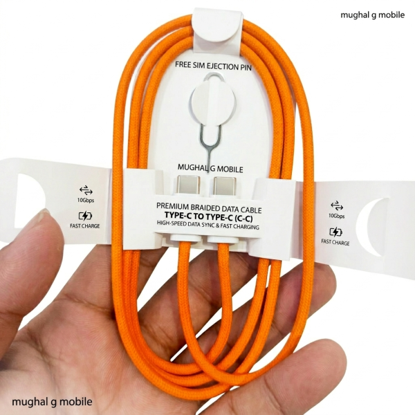 Type C to C Data Cable Orange Cloth Type With FREE Sim Ejection Pin | Mughal G Mobile